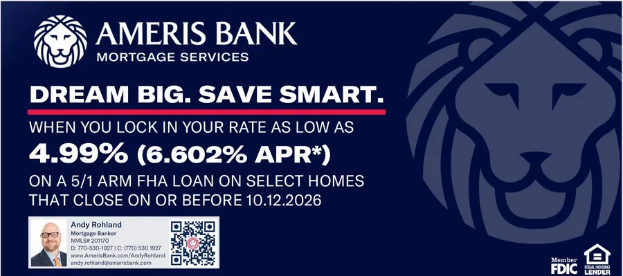 Ameris Bank mortgage ad offering 4.99% rate on 5/1 ARM FHA loans closing by 10.12.2026 with banker contact info.